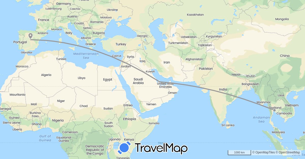 TravelMap itinerary: driving, plane in Spain, Qatar, Thailand (Asia, Europe)